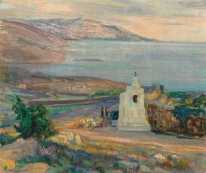 An Evening Coastal Landscape with Chapel by Menci Clement Crncic Oil Painting