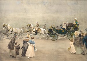 Their Imperial and Royal Highnesses Archduke Francis Charles and Archduchess Sophie, with their children Francis Joseph and Carl Ludwig in a four-horse carriage by Menci Clement Crncic Oil Painting