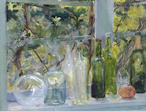 Windowsill with Bottles, a Glass Globe and an Apple by Menso Kamerlingh Onnes Oil Painting
