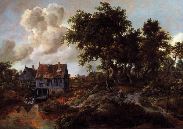 Main Product Photo of A Watermill Beside a Woody Lane Painting by Meyndert Hobbema