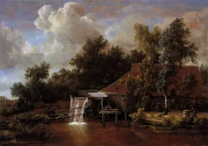 A Watermill painting by Meyndert Hobbema