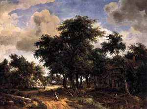 Village Street Under Trees by Meyndert Hobbema - Oil Painting Reproduction
