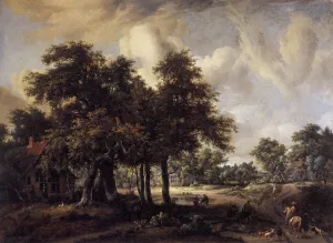 Wooded Landscape with Cottages by Meyndert Hobbema - Oil Painting Reproduction