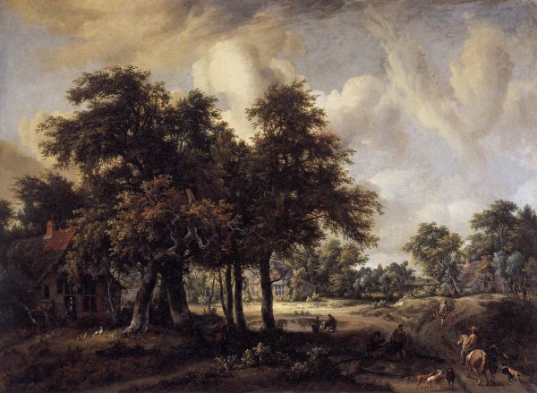 Main Product Photo of Wooded Landscape with Cottages Painting by Meyndert Hobbema