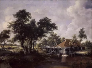 Wooded Landscape with Water Mill by Meyndert Hobbema - Oil Painting Reproduction