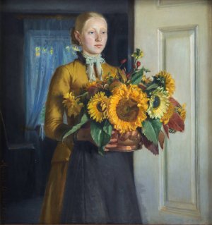A Girl with Sunflowers by Michael Ancher Oil Painting