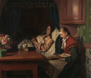By Grandmothers sickbed by Michael Ancher Oil Painting