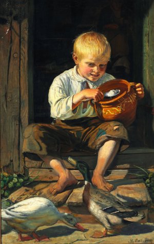 Dreng fodrer aender by Michael Ancher Oil Painting