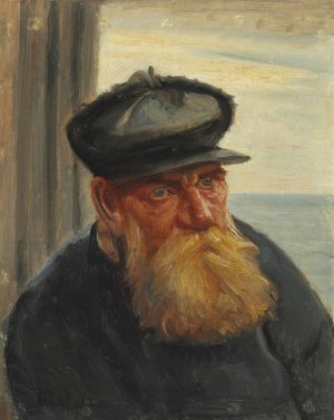 En skagensfisker med havet i baggrunden by Michael Ancher Oil Painting