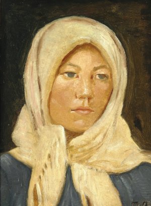 En ung skagenspige med torklaede by Michael Ancher Oil Painting