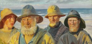 Fire fiskere i solskin pa Skagen Strand by Michael Ancher Oil Painting