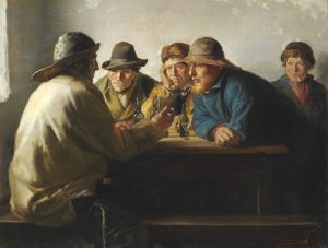 Fiskere omkring et bord drikker en fyraftensol by Michael Ancher Oil Painting