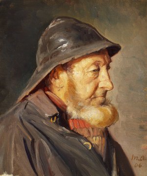 Fiskeren Ole Svendsen set i profil med sydvest by Michael Ancher Oil Painting