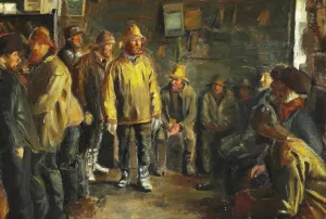 I kobmandens bod en vinterdag nar der ikke fiskes Oil painting by Michael Ancher