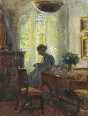 Interieur fra Kunstnerens Hjem. Fru Anna Ancher ved Sytojet by Michael Ancher Oil Painting