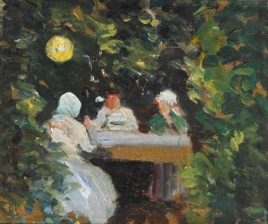 Komsammen i haven en sommeraften under lampen by Michael Ancher Oil Painting