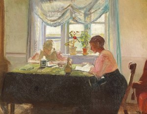 Lektielaesning ved vinduet Oil painting by Michael Ancher