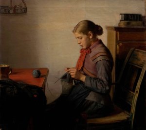 Skagen girl, Maren Sofie, knitting. by Michael Ancher Oil Painting