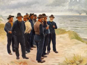 Skagensfiskere pa stranden skuer ud over havet Oil painting by Michael Ancher