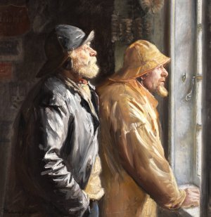 To Fiskere ved Vinduet i Butikken by Michael Ancher Oil Painting