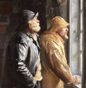 To Fiskere ved Vinduet i Butikken Oil painting by Michael Ancher