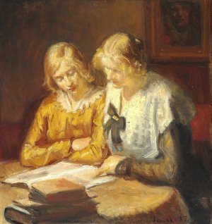 To unge piger sidder ved bordet og laeser i en bog Oil painting by Michael Ancher