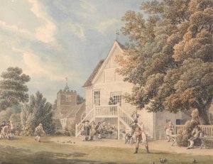 A Game of Bowls on the Bowling Green Outside the Bunch of Grapes Inn, Hurst, Berkshire by Michael Angelo Rooker Oil Painting