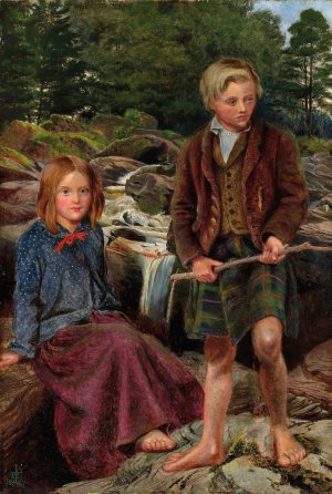 Two Highland children by a Scottish stream by Michael Frederick Halliday Oil Painting