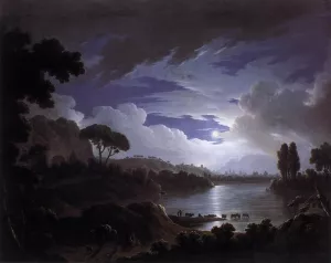 Moonlit Scene on the Tiber near Rome by Michael Wutky - Oil Painting Reproduction