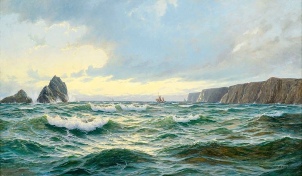 A rocky coastal landscape at early morning by Michael Zeno Diemer - Hand-Painted Oil Painting Reproduction