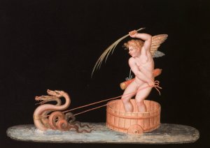 Cupid Drawn by Two Sea Serpents by Michaelangelo Maestri Oil Painting