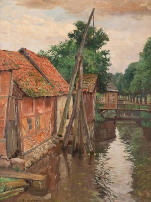 View of a village with stream by Michail Gorstkin-Wywiorski Oil Painting