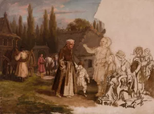 A Nobleman's Family and a Monk by Michal Elwiro Andriolli Oil Painting