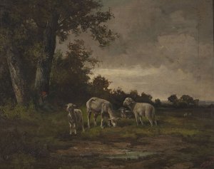 Sheep in the meadow at the forest edge by Michal Elwiro Andriolli Oil Painting