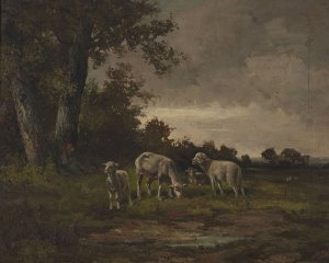 Sheep in the meadow at the forest edge by Michal Elwiro Andriolli Oil Painting
