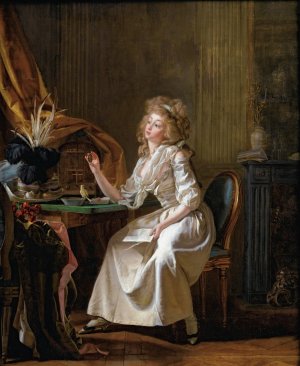 Elegant Looking At A Miniature Portrait by Michel Garnier Oil Painting