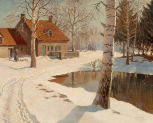 A cottage in the snow by Michel Markinovitch Guermacheff Oil Painting