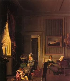 Madame de Vaugelas Marquise de Marniolas and Her Children in an Interior by Michel Philibert Genod - Oil Painting Reproduction