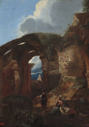 Vagabonds resting in the ruins of the Colosseum by Michelangelo Cerquozzi Oil Painting