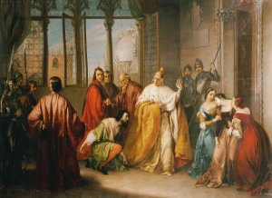 Der Doge Francesco Foscari schickt seinen Sohn Giacomo in die Verbannung by Michelangelo Grigoletti Oil Painting