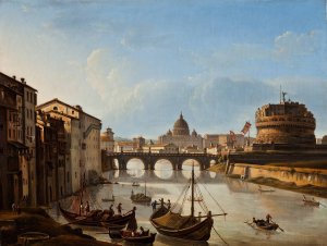 View Of The Tiber In Rome, Showing St. Peter's And The Castle Of St. Angelo by Michelangelo Pacetti Oil Painting