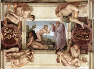 Creation of Eve with Ignudi and Medallions painting by Michelangelo