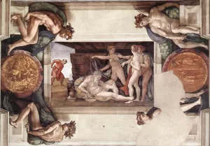 Drunkenness of Noah with Ignudi and Medallions by Michelangelo - Oil Painting Reproduction