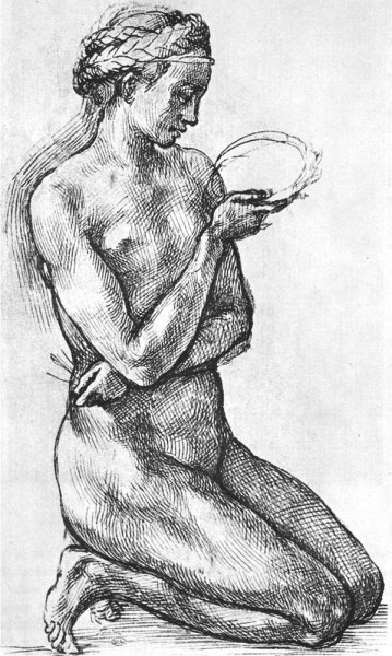 Nude Woman on Her Knees by Michelangelo - Hand-Painted Oil Painting Reproduction