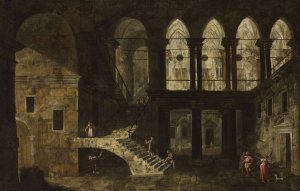 Architectural fantasy featuring a palace courtyard by Michele Marieschi Oil Painting