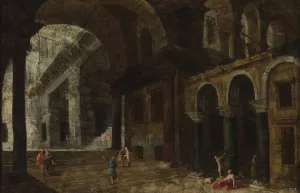 Architectural fantasy featuring a prison courtyard Oil painting by Michele Marieschi