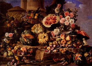 Still Life of Fruit and Flowers on a Stone Ledge with Birds and a Monkey by Michele Pace Del Campidoglio Oil Painting