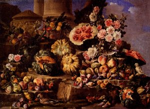 Still Life of Fruit and Flowers on a Stone Ledge with Birds and a Monkey