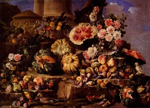 Still Life of Fruit and Flowers on a Stone Ledge with Birds and a Monkey by Michele Pace Del Campidoglio - Oil Painting Reproduction