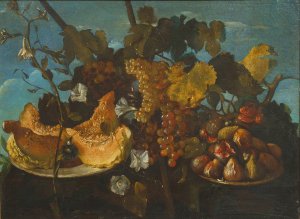Still Life with Grapes, Figs and Marrow by Michele Pace Del Campidoglio Oil Painting